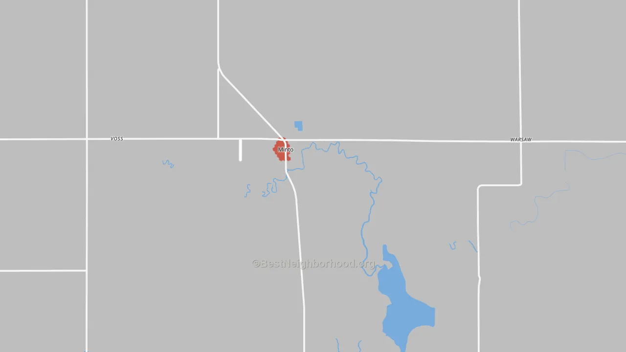 Walk Grade map of Minto, ND, walkable areas in green and car-dependent areas in red