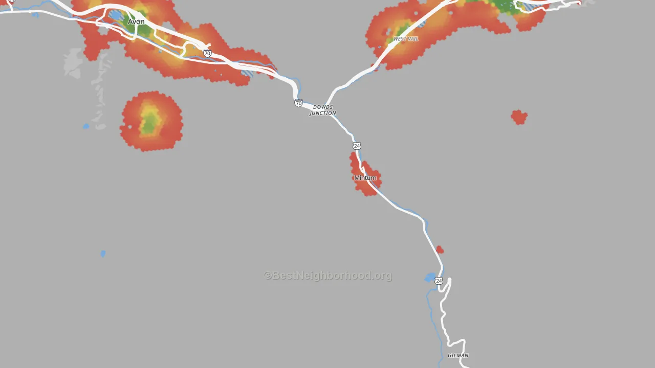 Walk Grade map of Minturn, CO, walkable areas in green and car-dependent areas in red