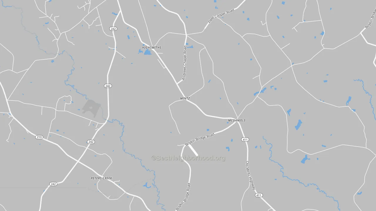 Walk Grade map of Mintz, NC, walkable areas in green and car-dependent areas in red