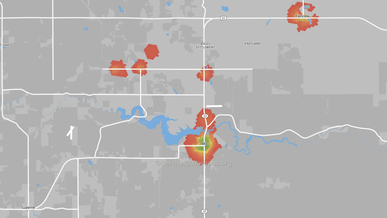 Walk Grade map of Mio, MI, walkable areas in green and car-dependent areas in red