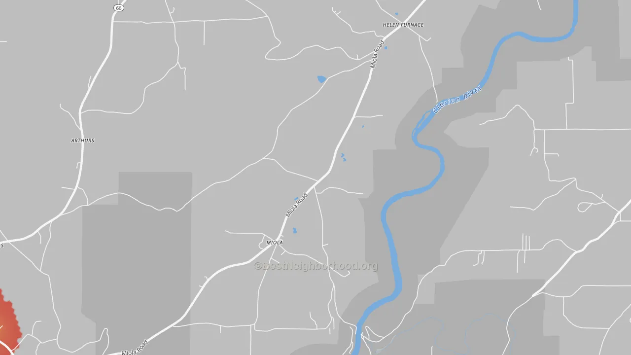 Walk Grade map of Miola, PA, walkable areas in green and car-dependent areas in red