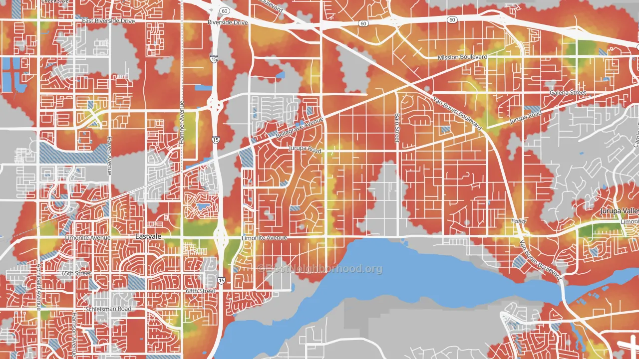 Walk Grade map of Mira Loma, CA, walkable areas in green and car-dependent areas in red