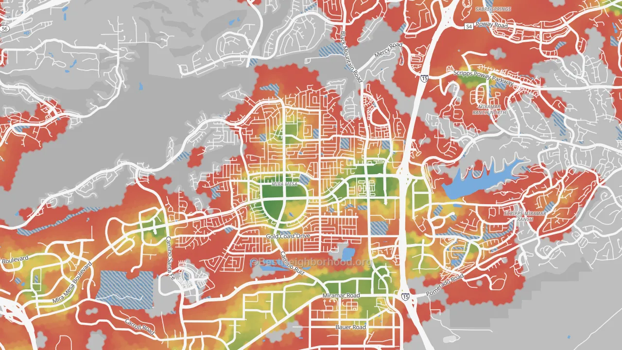 Walk Grade map of Mira Mesa, San Diego, CA, walkable areas in green and car-dependent areas in red