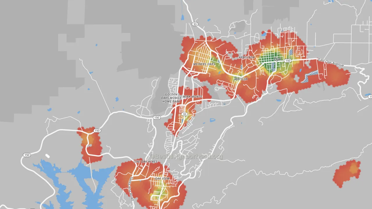Walk Grade map of Mira Monte, CA, walkable areas in green and car-dependent areas in red