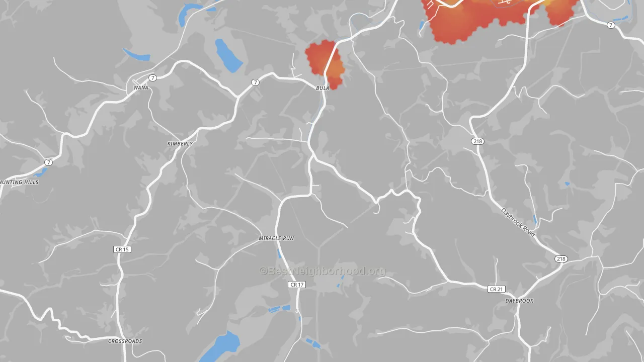Walk Grade map of Miracle Run, WV, walkable areas in green and car-dependent areas in red