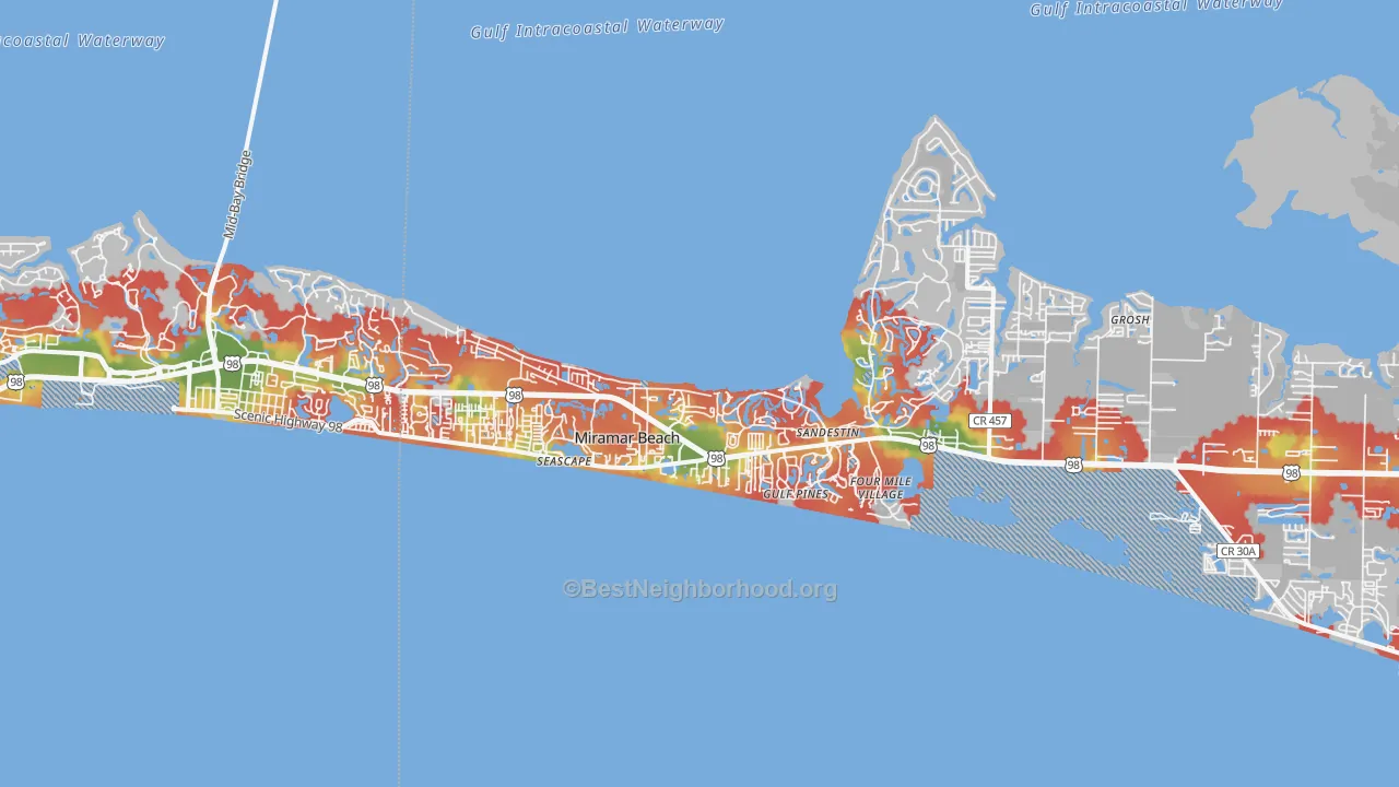Walk Grade map of Miramar Beach, FL, walkable areas in green and car-dependent areas in red