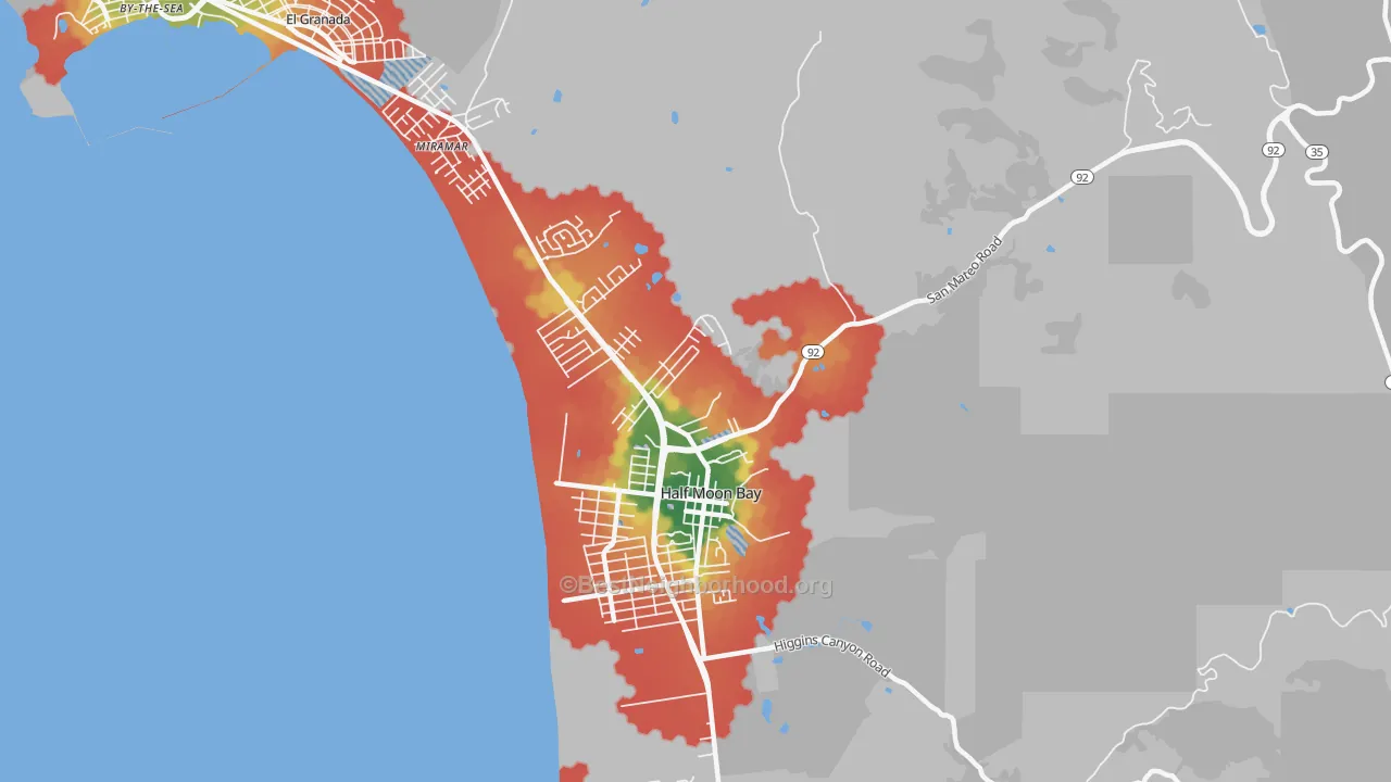 Walk Grade map of Miramar, CA, walkable areas in green and car-dependent areas in red