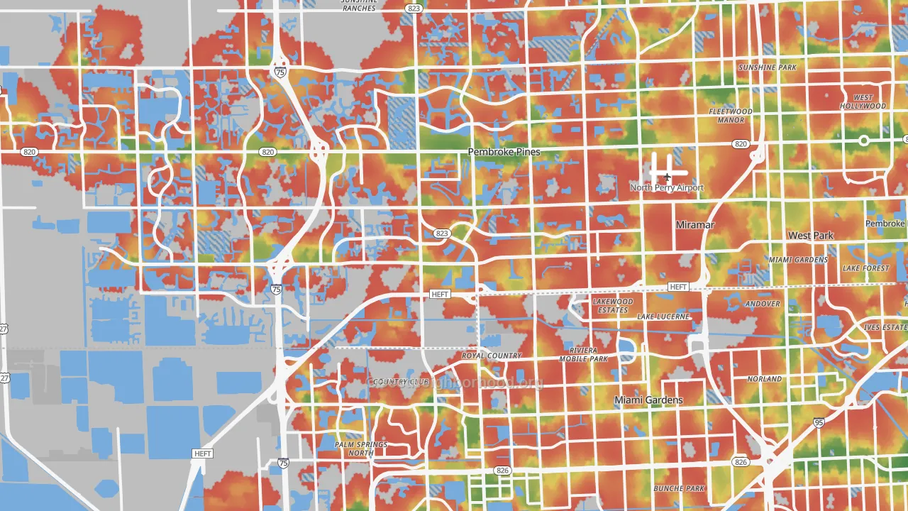 Walk Grade map of Miramar, FL, walkable areas in green and car-dependent areas in red