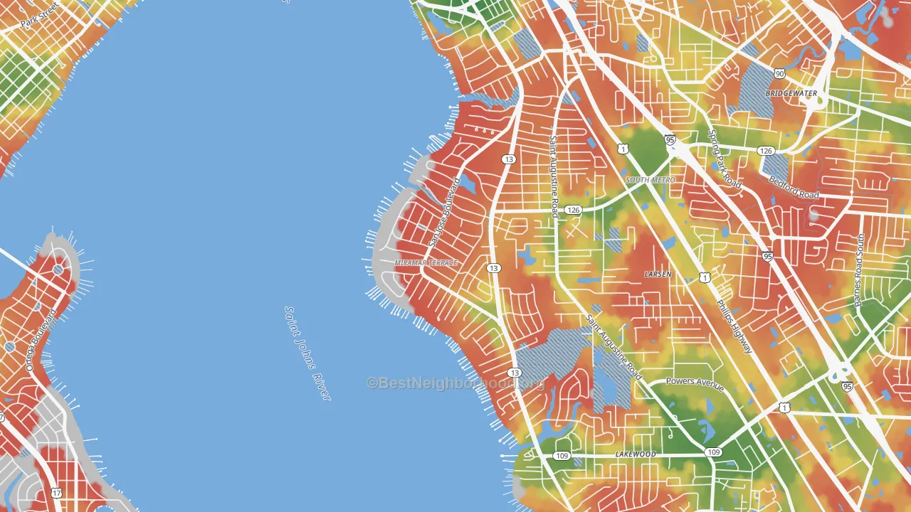 Walk Grade map of Miramar, Jacksonville, FL, walkable areas in green and car-dependent areas in red