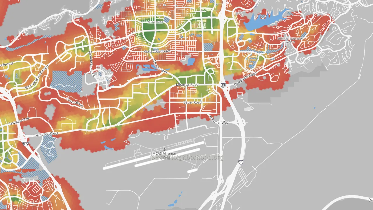 Walk Grade map of Miramar, San Diego, CA, walkable areas in green and car-dependent areas in red