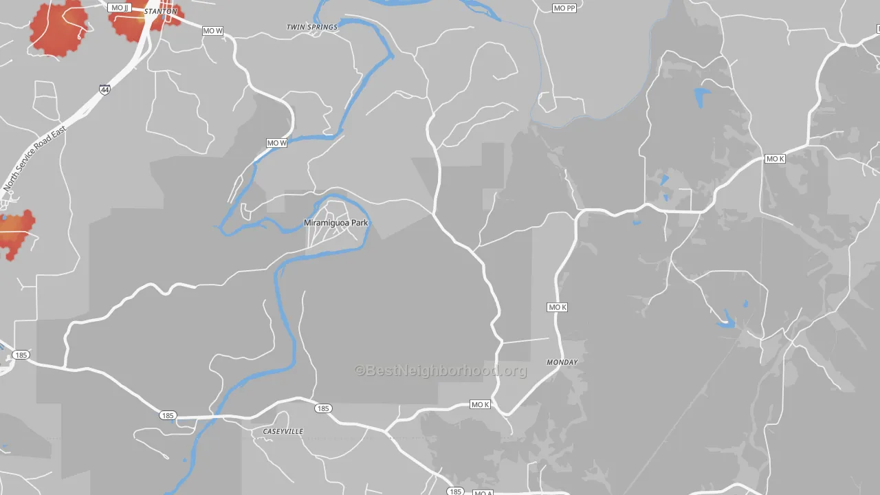 Walk Grade map of Miramiguoa Park, MO, walkable areas in green and car-dependent areas in red