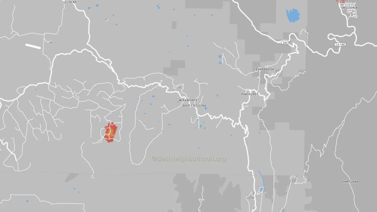 Walk Grade map of Miramonte, CA, walkable areas in green and car-dependent areas in red