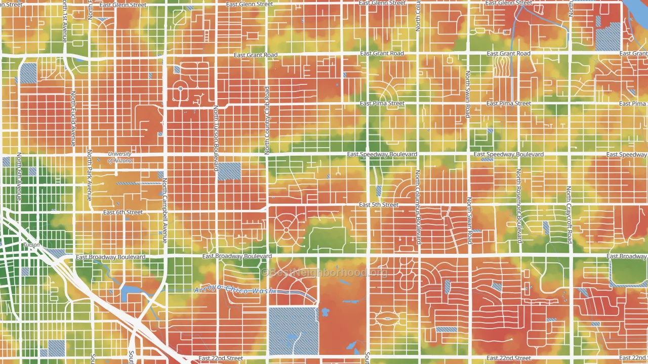 Walk Grade map of Miramonte, Tucson, AZ, walkable areas in green and car-dependent areas in red