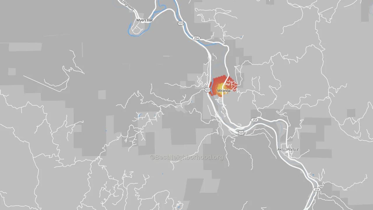 Walk Grade map of Miranda, CA, walkable areas in green and car-dependent areas in red