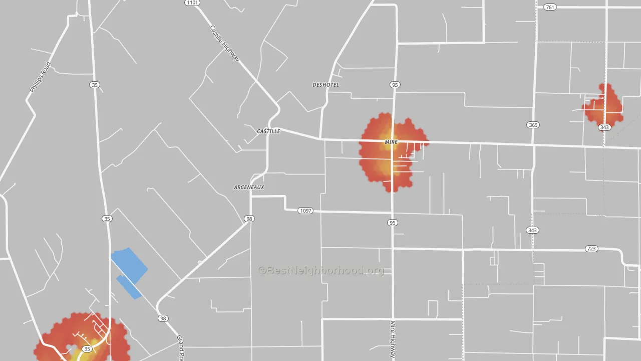 Walk Grade map of Mire, LA, walkable areas in green and car-dependent areas in red