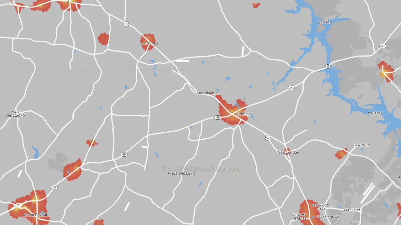 Walk Grade map of Misenheimer, NC, walkable areas in green and car-dependent areas in red