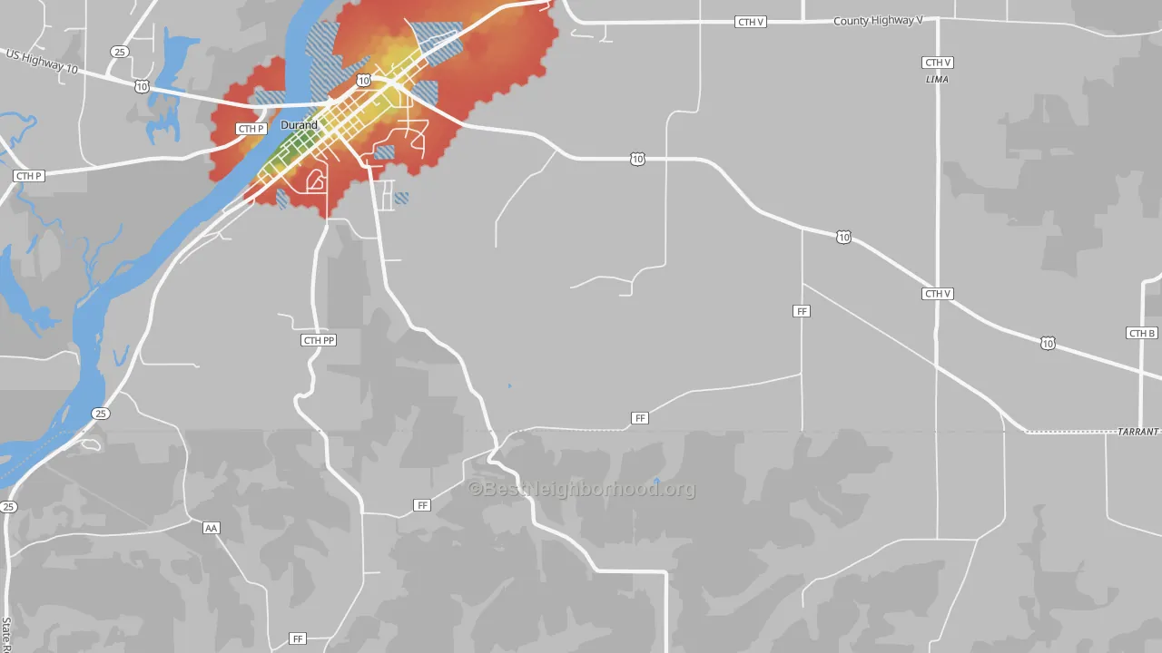 Walk Grade map of Misha Mokwa, WI, walkable areas in green and car-dependent areas in red