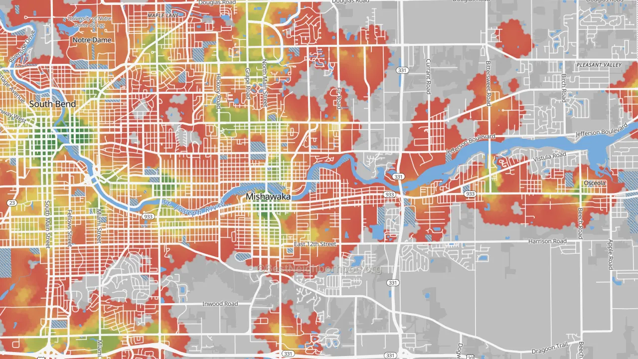 Walk Grade map of Mishawaka, IN, walkable areas in green and car-dependent areas in red