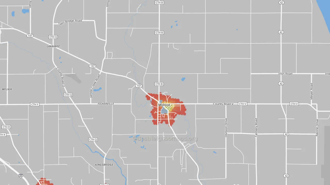 Walk Grade map of Mishicot, WI, walkable areas in green and car-dependent areas in red