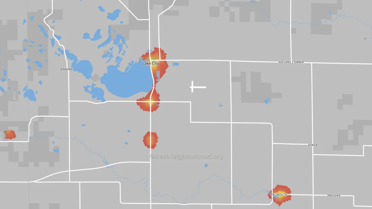 Walk Grade map of Missaukee County, MI, walkable areas in green and car-dependent areas in red