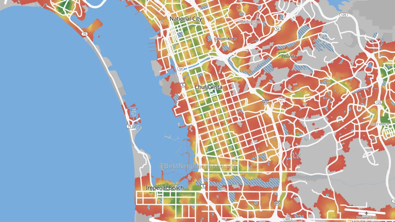 Walk Grade map of Mission Bay, San Diego, CA, walkable areas in green and car-dependent areas in red