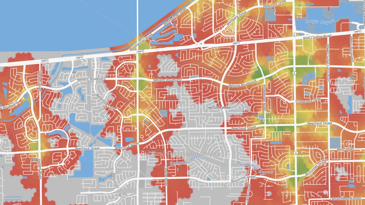 Walk Grade map of Mission Bend South, Mission Bend, TX, walkable areas in green and car-dependent areas in red