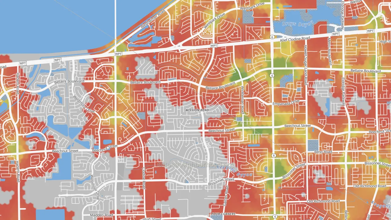 Walk Grade map of Mission Bend, TX, walkable areas in green and car-dependent areas in red