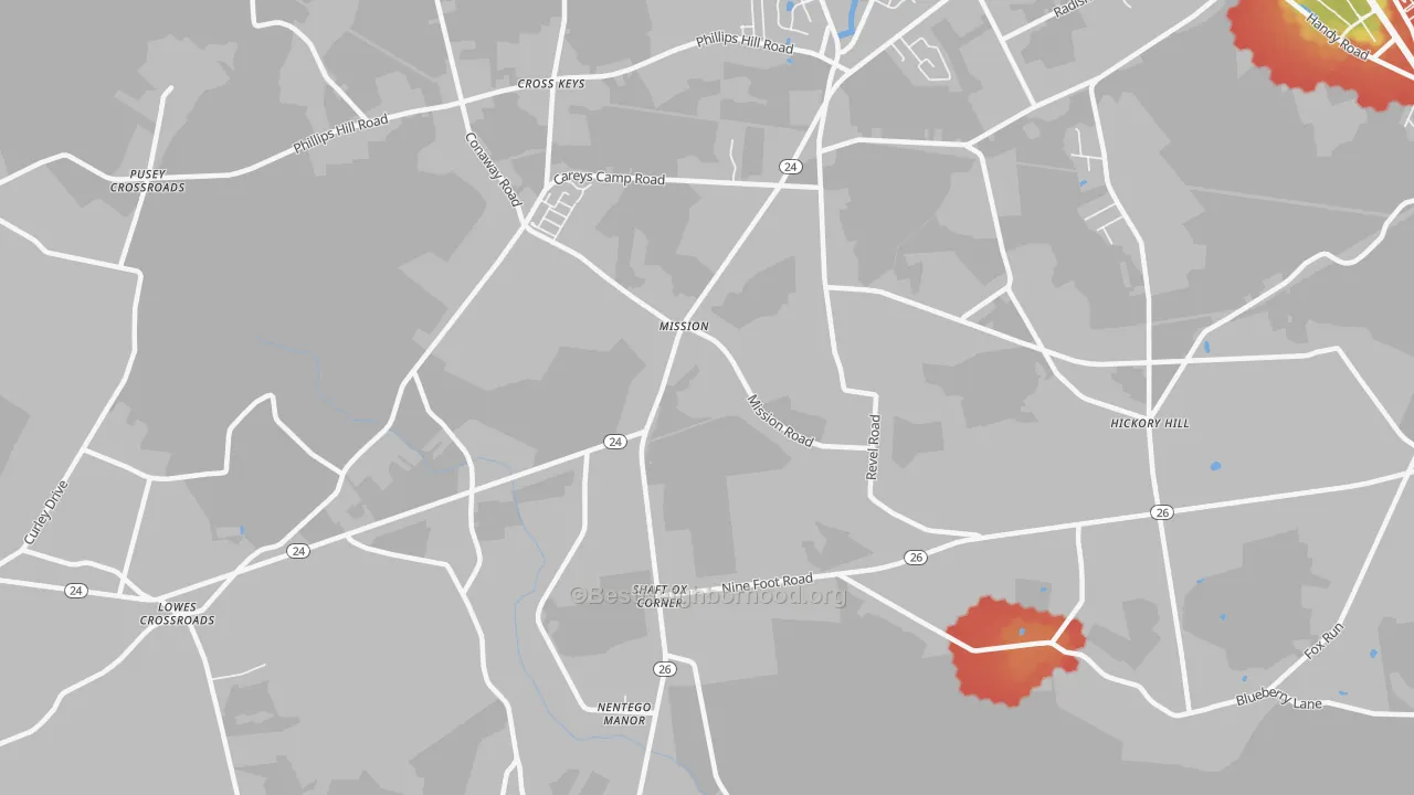 Walk Grade map of Mission, DE, walkable areas in green and car-dependent areas in red