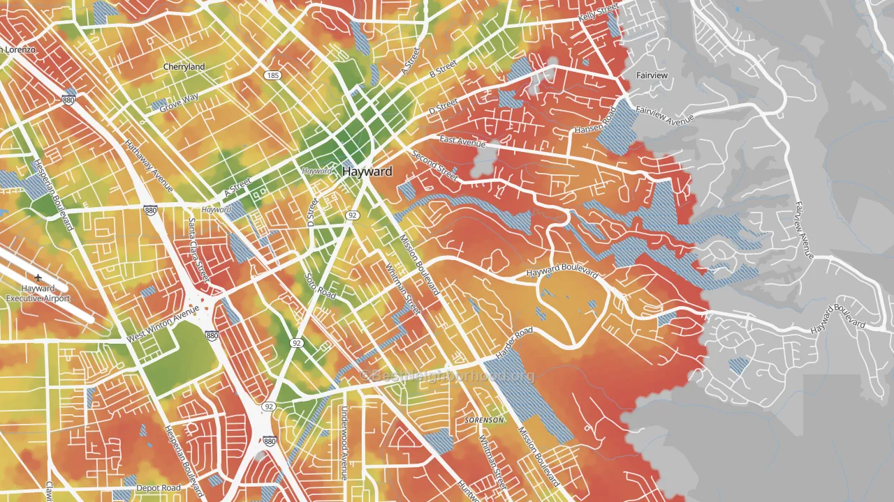 Walk Grade map of Mission-Foothill, Hayward, CA, walkable areas in green and car-dependent areas in red