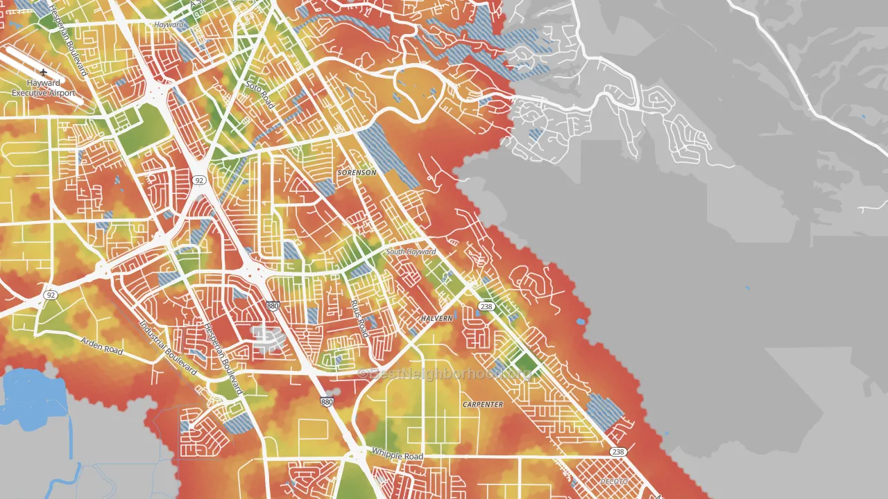 Walk Grade map of Mission-Garin, Hayward, CA, walkable areas in green and car-dependent areas in red