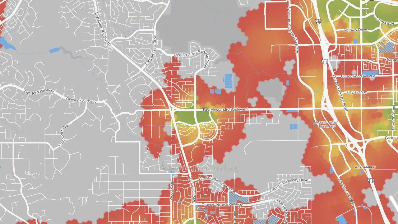 Walk Grade map of Mission Grove, Riverside, CA, walkable areas in green and car-dependent areas in red