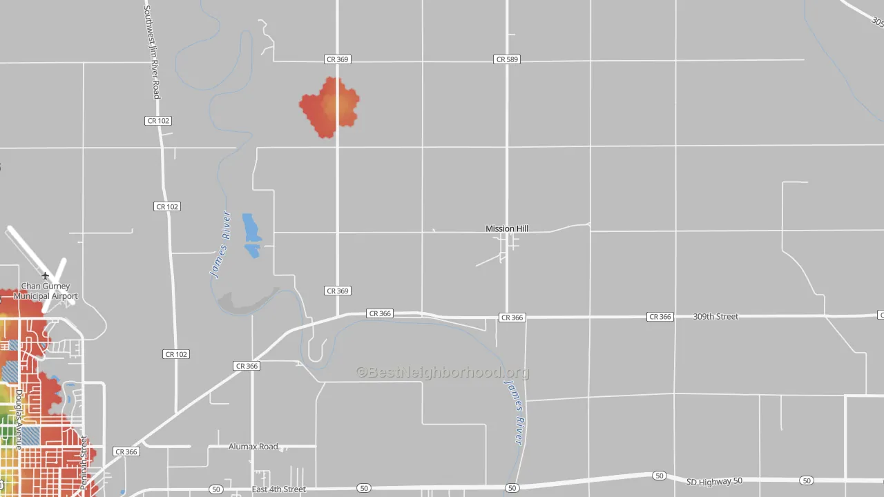 Walk Grade map of Mission Hill, SD, walkable areas in green and car-dependent areas in red
