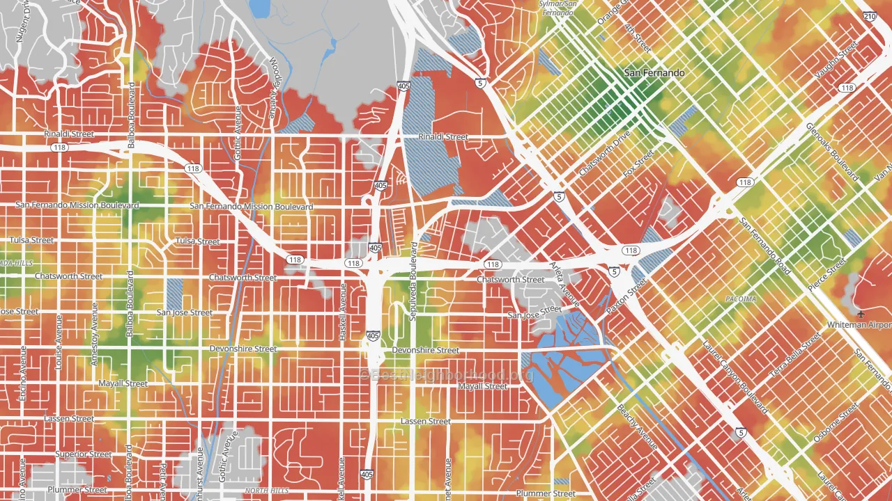 Walk Grade map of Mission Hills, CA, walkable areas in green and car-dependent areas in red