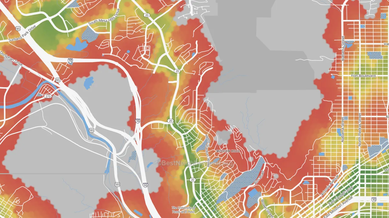 Walk Grade map of Mission Hills, El Paso, TX, walkable areas in green and car-dependent areas in red