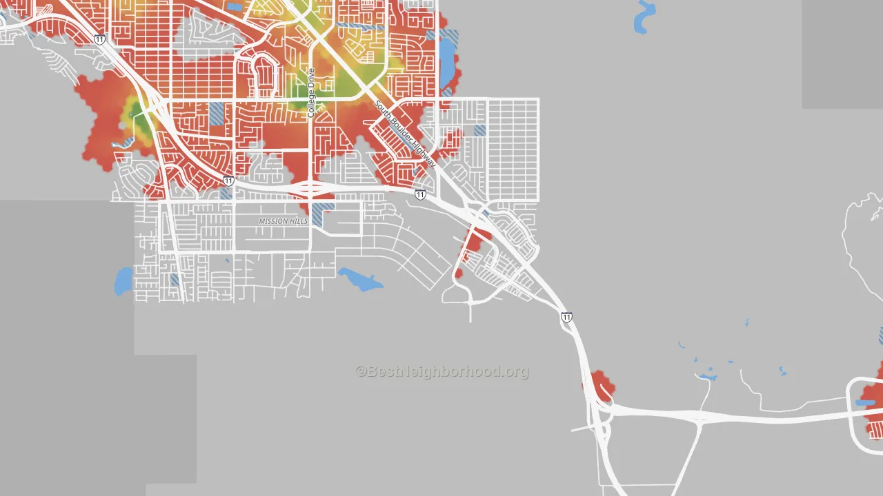 Walk Grade map of Mission Hills, Henderson, NV, walkable areas in green and car-dependent areas in red