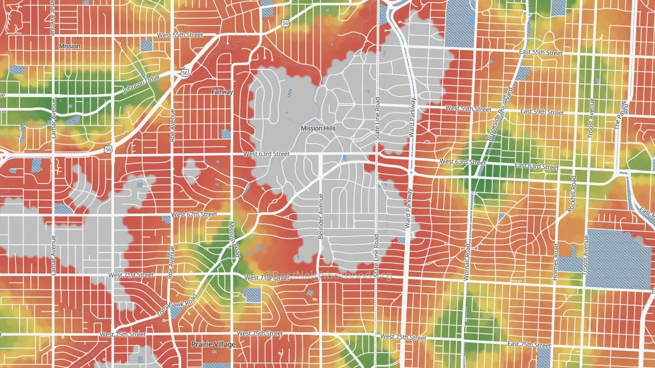 Walk Grade map of Mission Hills, KS, walkable areas in green and car-dependent areas in red