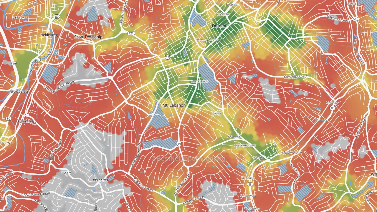Walk Grade map of Mission Hills, Pittsburgh, PA, walkable areas in green and car-dependent areas in red