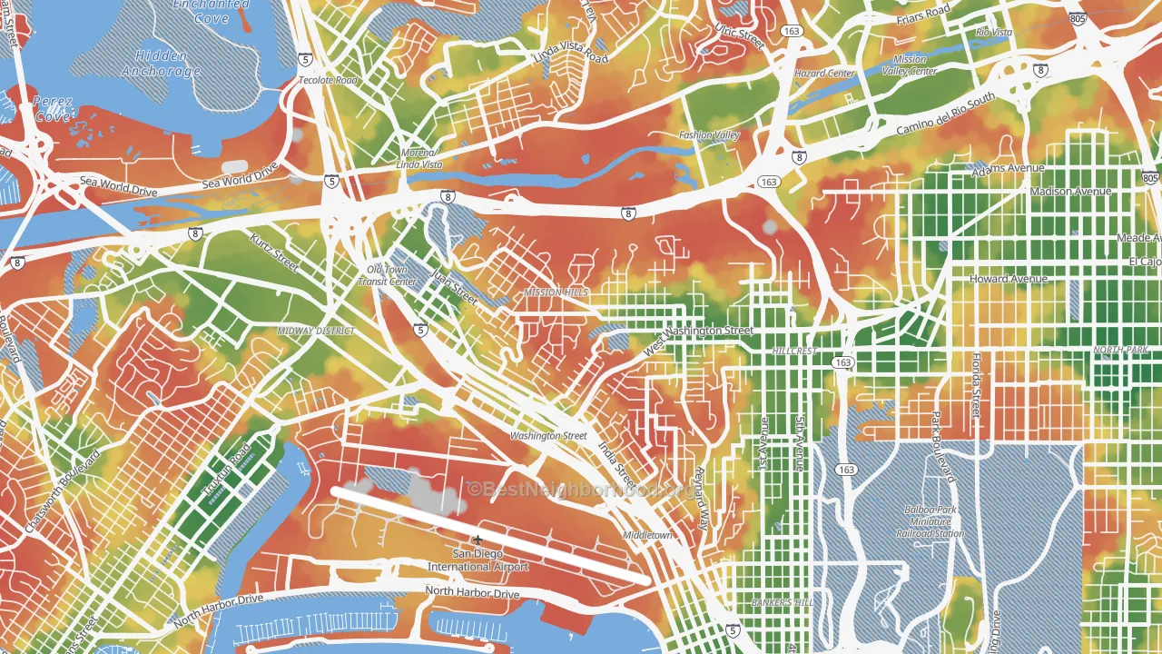 Walk Grade map of Mission Hills-San Diego, San Diego, CA, walkable areas in green and car-dependent areas in red