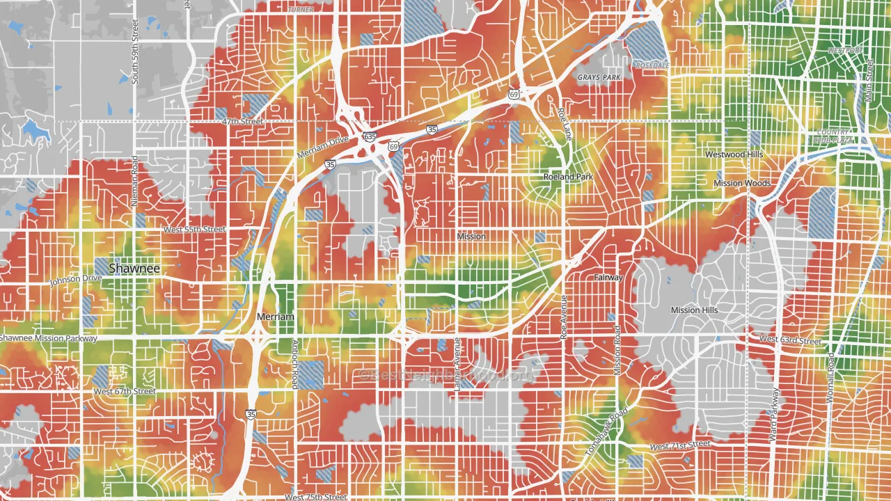Walk Grade map of Mission, KS, walkable areas in green and car-dependent areas in red
