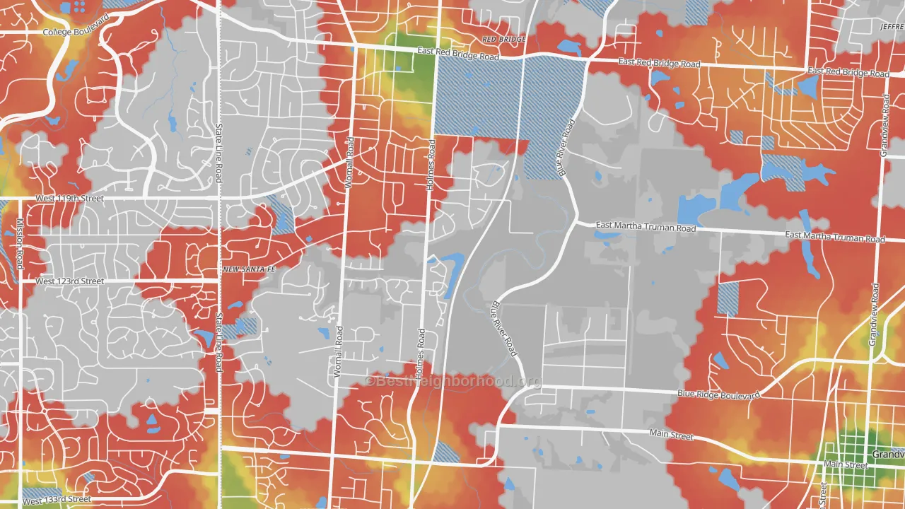 Walk Grade map of Mission Lake, Kansas City, MO, walkable areas in green and car-dependent areas in red