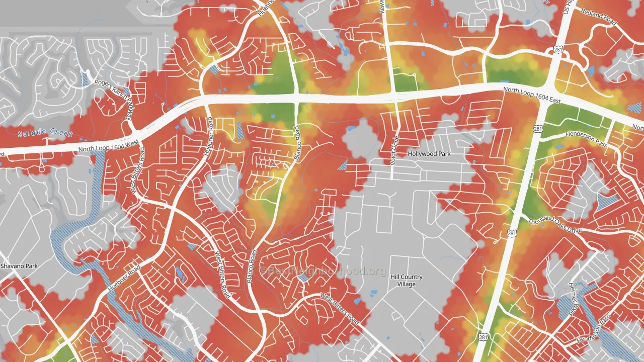 Walk Grade map of Mission Ridge, San Antonio, TX, walkable areas in green and car-dependent areas in red