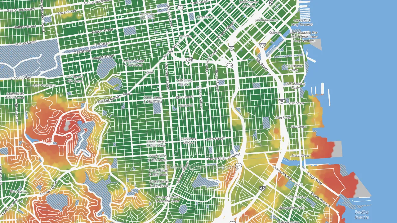 Walk Grade map of Mission, San Francisco, CA, walkable areas in green and car-dependent areas in red