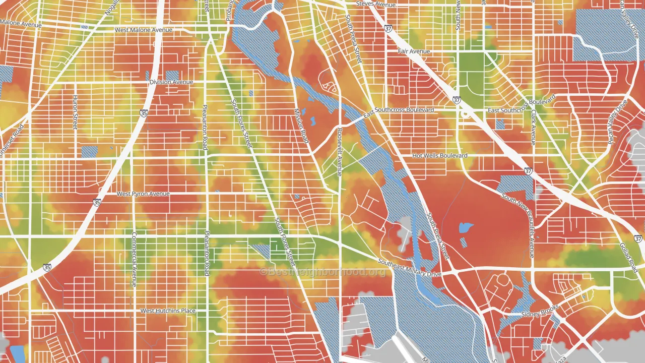 Walk Grade map of Mission San Jose, San Antonio, TX, walkable areas in green and car-dependent areas in red