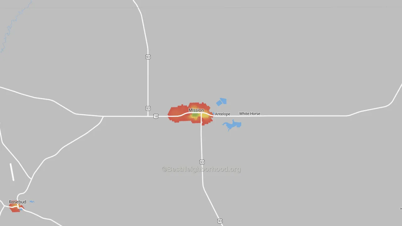 Walk Grade map of Mission, SD, walkable areas in green and car-dependent areas in red