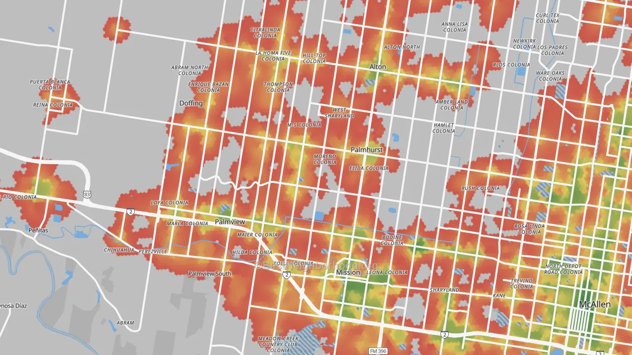Walk Grade map of Mission, TX, walkable areas in green and car-dependent areas in red