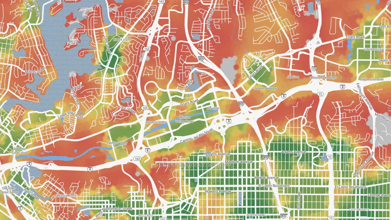 Walk Grade map of Mission Valley East, San Diego, CA, walkable areas in green and car-dependent areas in red