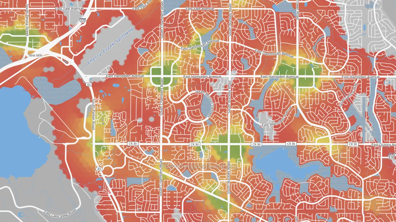 Walk Grade map of Mission Viejo, Aurora, CO, walkable areas in green and car-dependent areas in red