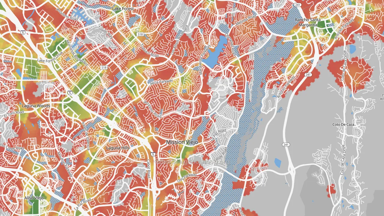 Walk Grade map of Mission Viejo, CA, walkable areas in green and car-dependent areas in red
