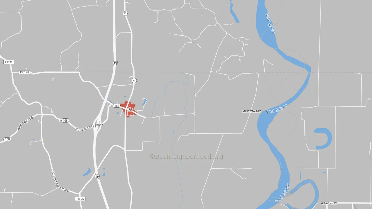 Walk Grade map of Missionary, LA, walkable areas in green and car-dependent areas in red