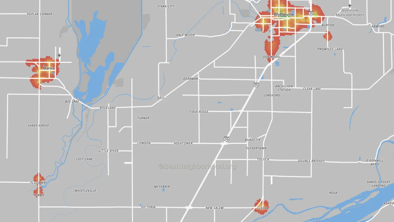 Walk Grade map of Mississippi County, AR, walkable areas in green and car-dependent areas in red